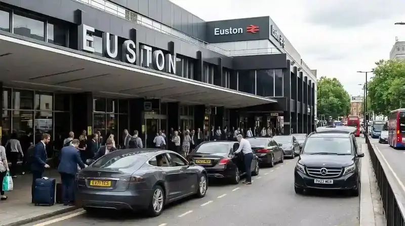 Cars dropping off passengers with luggage outside the Euston station entrance