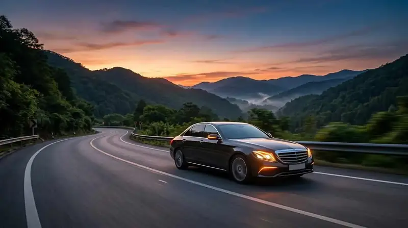 Black executive saloon driving along a winding road at sunset