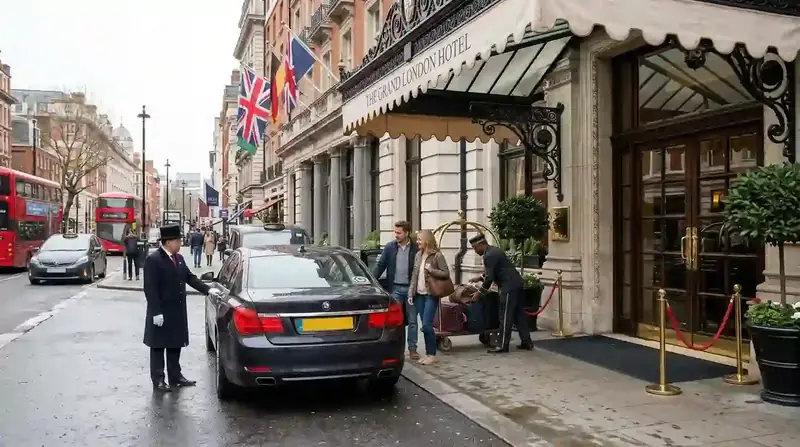 Driver opening the rear door of a black saloon outside a London hotel entrance