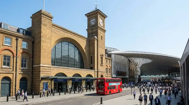 The brick front and clock tower of King's Cross station with buses and passengers outside
