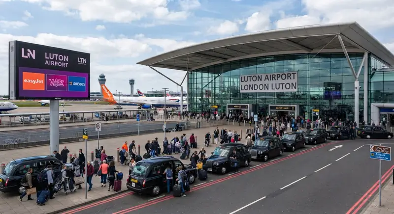Drop-off road and passengers outside the Luton Airport terminal building