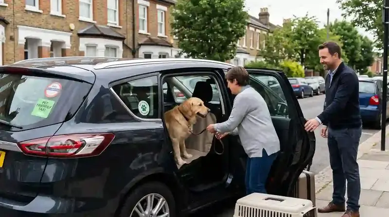 Driver and owner helping a golden retriever into the boot of a black people carrier