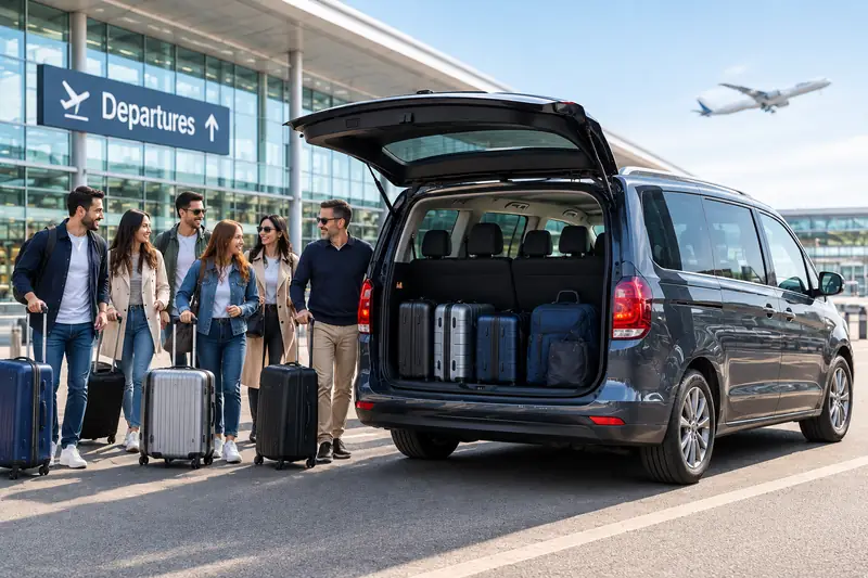Group of friends with suitcases next to a large seven seater MPV at an airport drop-off