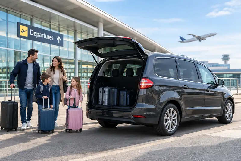 Family with suitcases standing beside an open six seater MPV outside an airport departures area